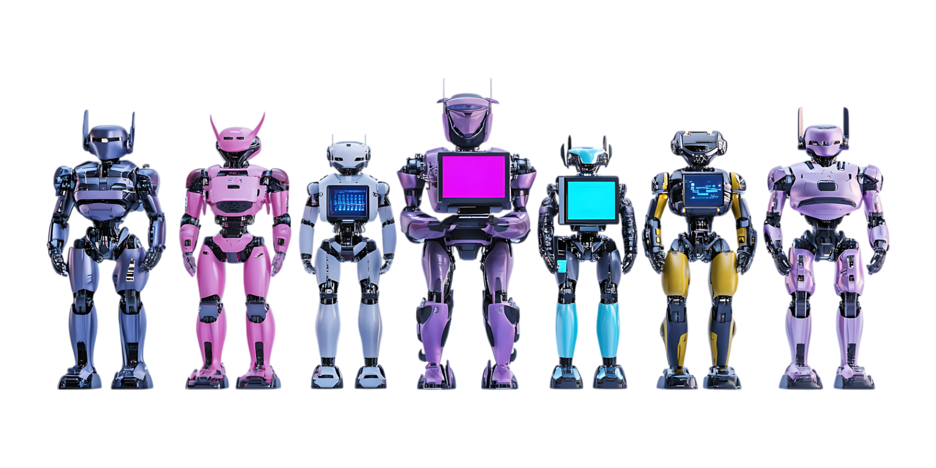 Set of 3D Robots with Computers for AI Illustrations on Transparent Background png