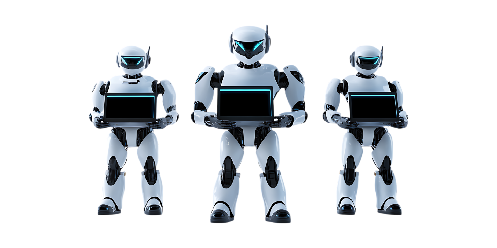 Pack of Realistic 3D Robots Holding Computers in Different Styles on Transparent Background for Technology Branding png
