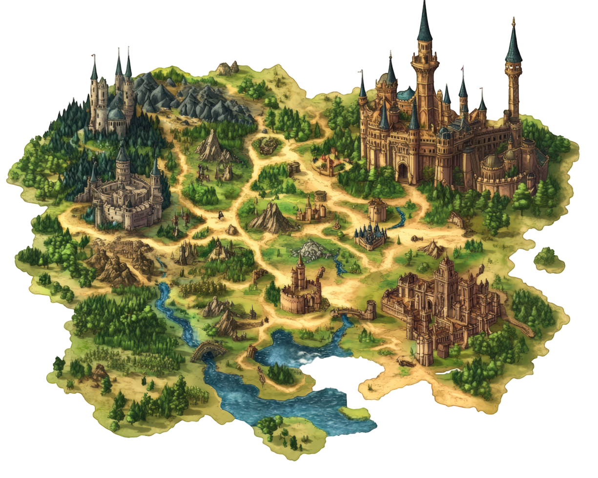 The map of a fantasy world with a castle and trees png