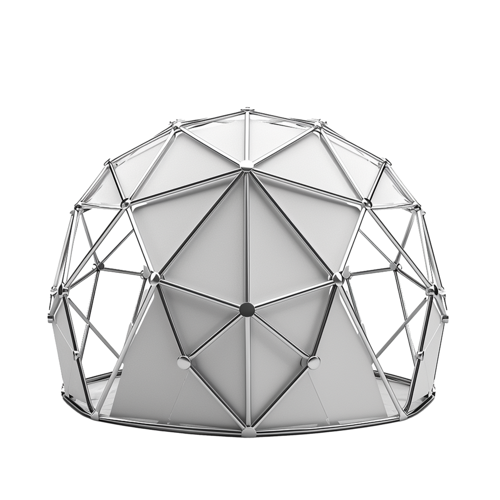 A 3D Render of a Modern Geodesic Dome Structure with White Panels and a Chrome Frame png
