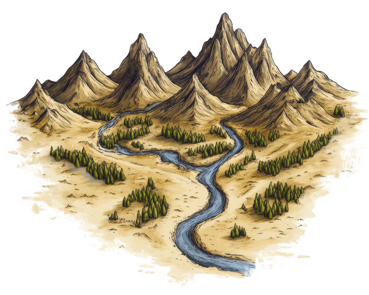 A cartoon illustration of a mountain range with a river png