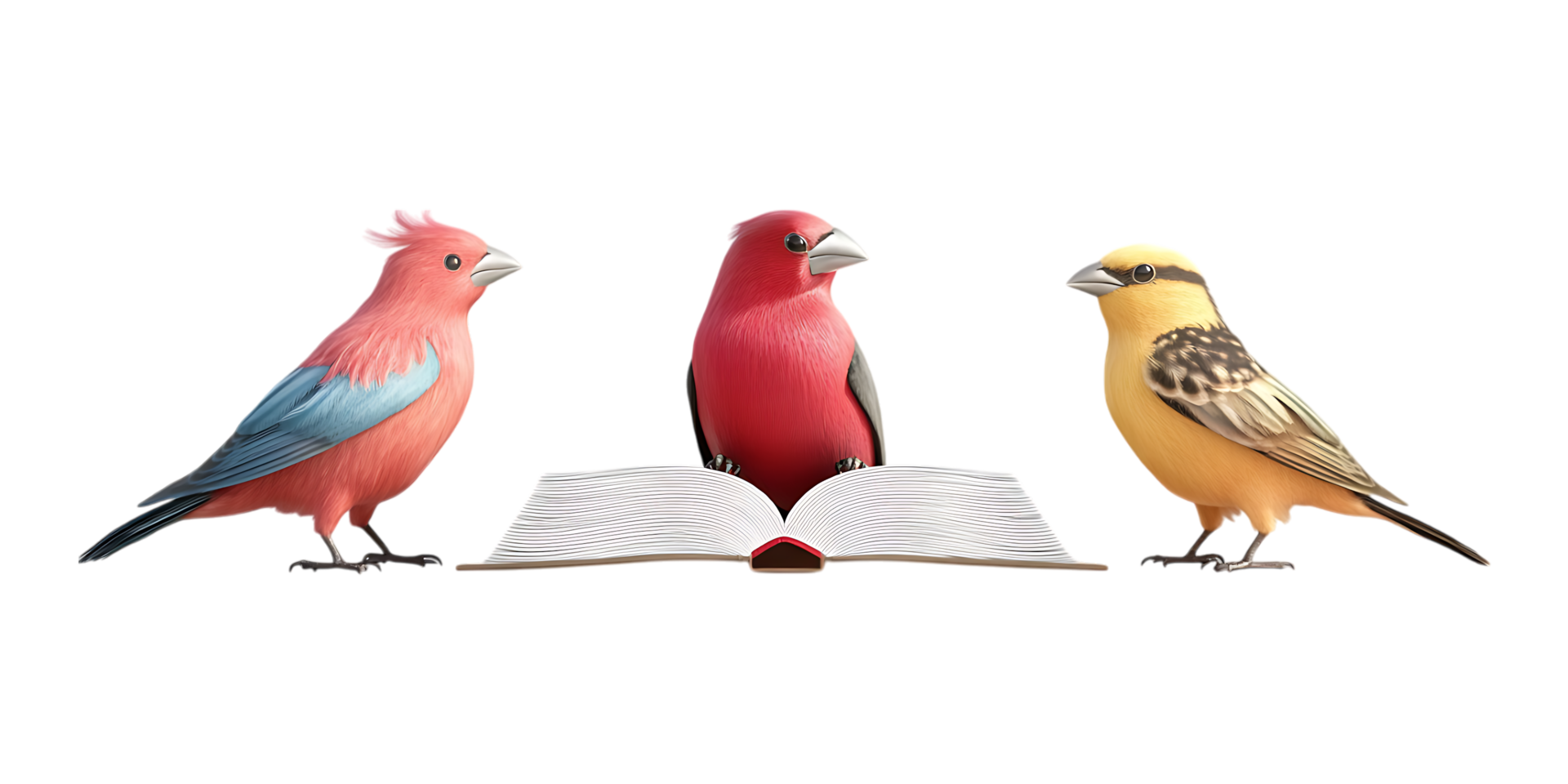 Set of 3D Birds with Books for School Branding on Transparent Background png