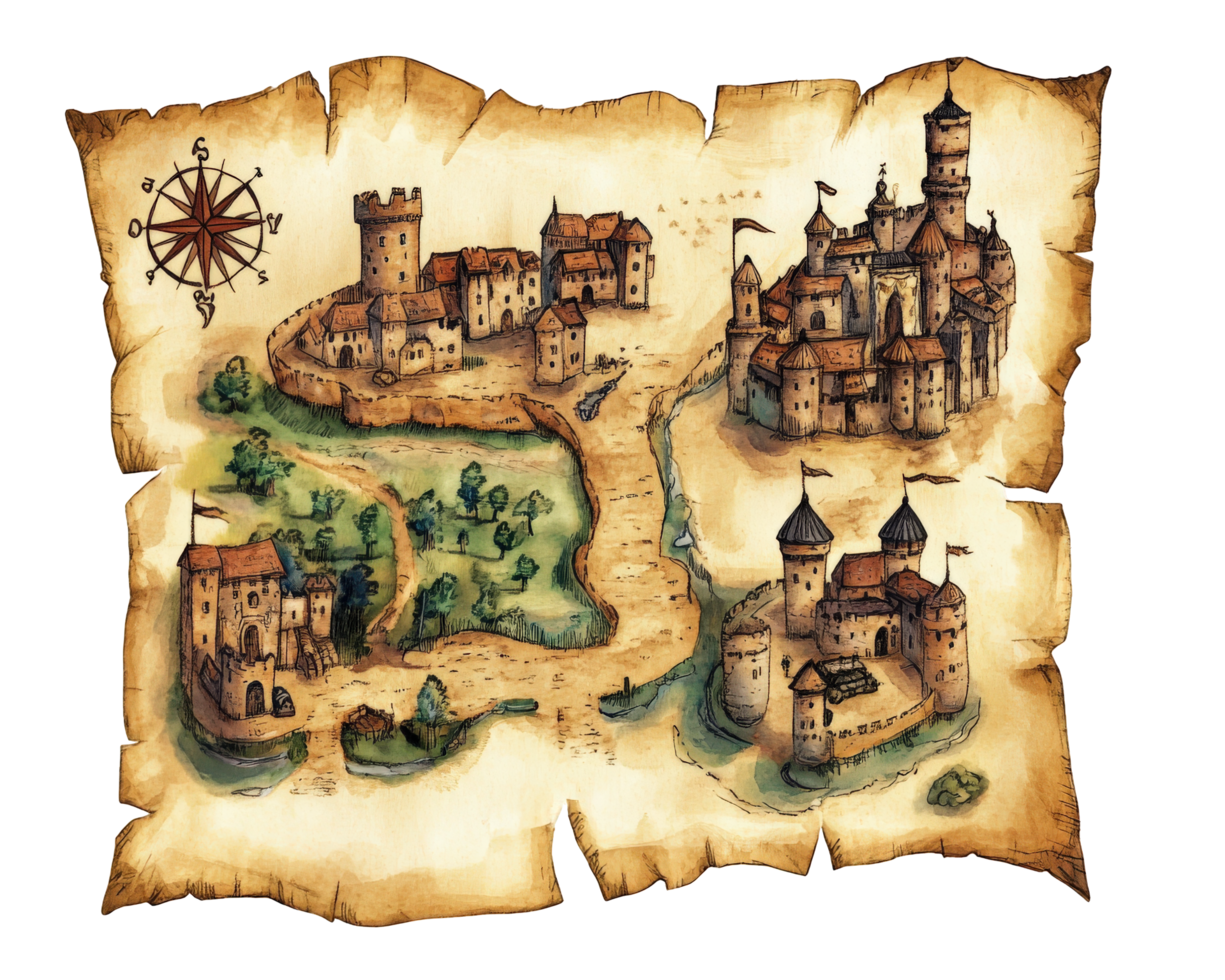 A map of a castle and a town on a scroll png