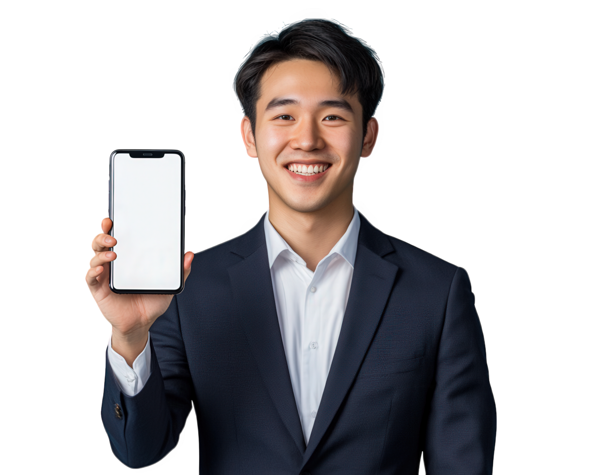 Asian man in suit holding up a blank white phone png