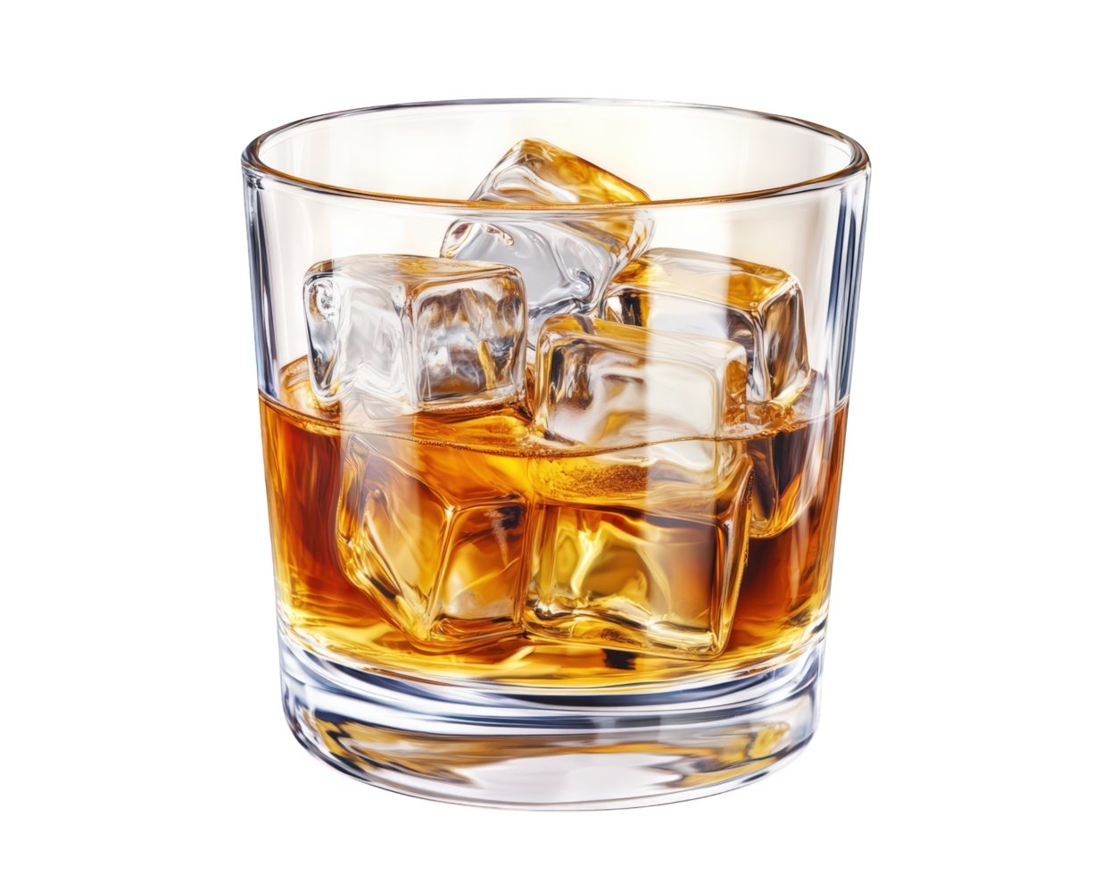 A glass of whiskey with ice cubes on the side png