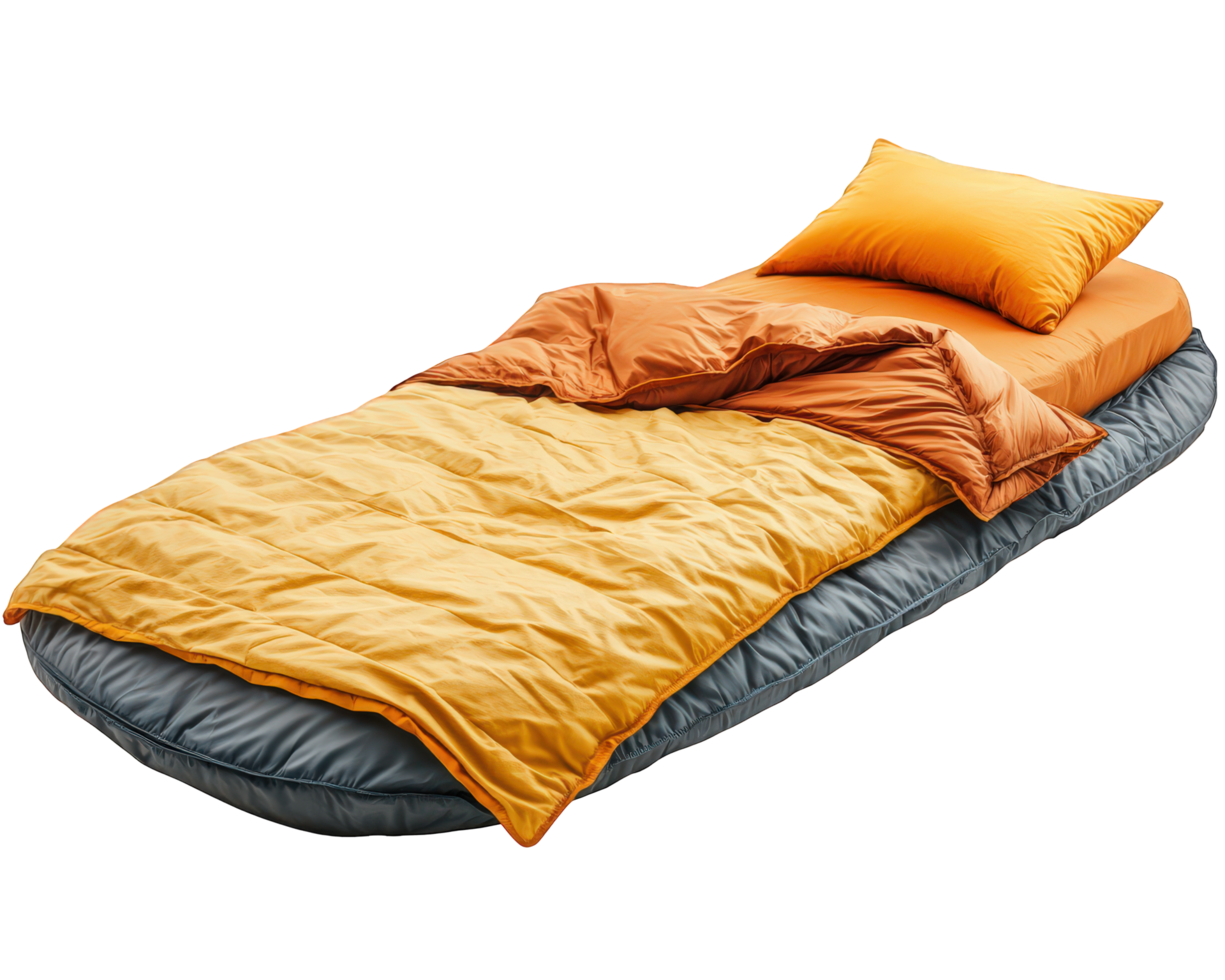 A bed with an orange and gray blanket png