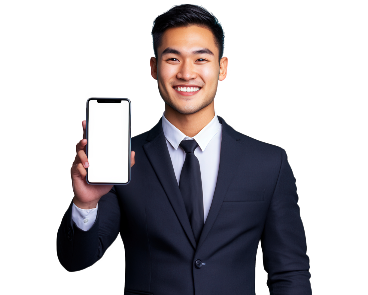 Asian man in suit holding up a blank white screen png