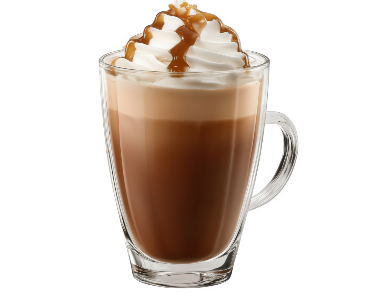 A glass of hot chocolate with whipped cream and caramel png