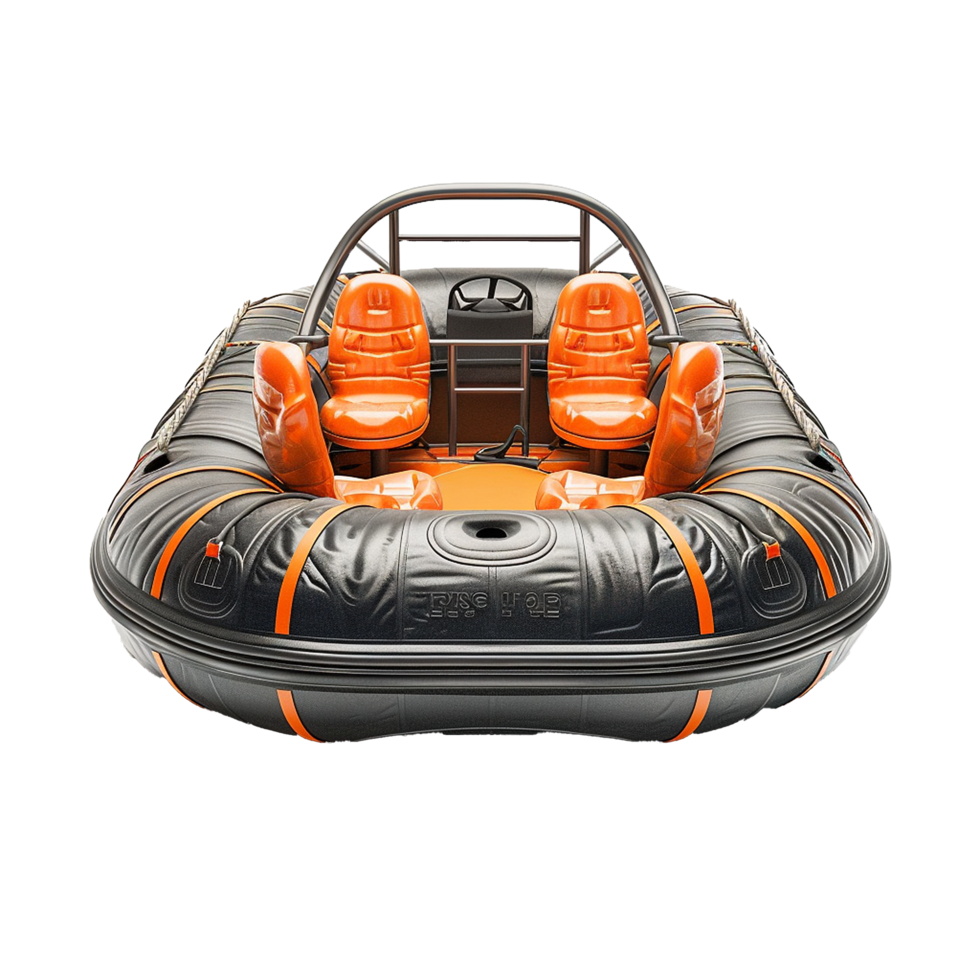 HighPerformance Inflatable RigidHull Boat with Orange Seats and Roll Bar png