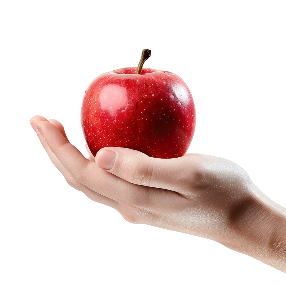 A perfectly ripe red apple gently held in a fair hand against a white background png