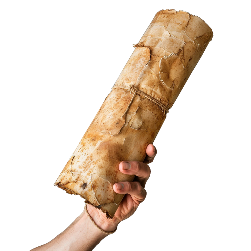 A hand holding an ancient aged and weathered rolled parchment scroll tied with twine png