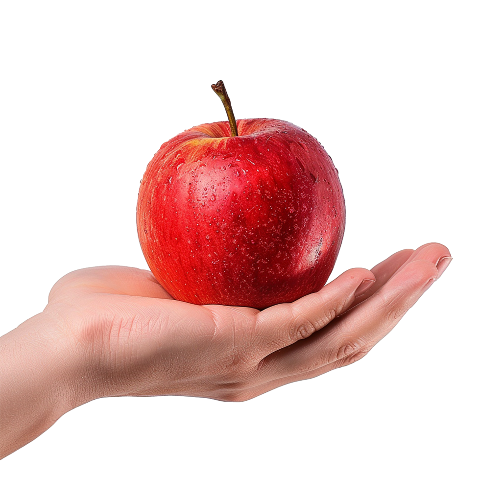 A Single Red Apple Resting in an Open Palm a Close Up Studio Shot png