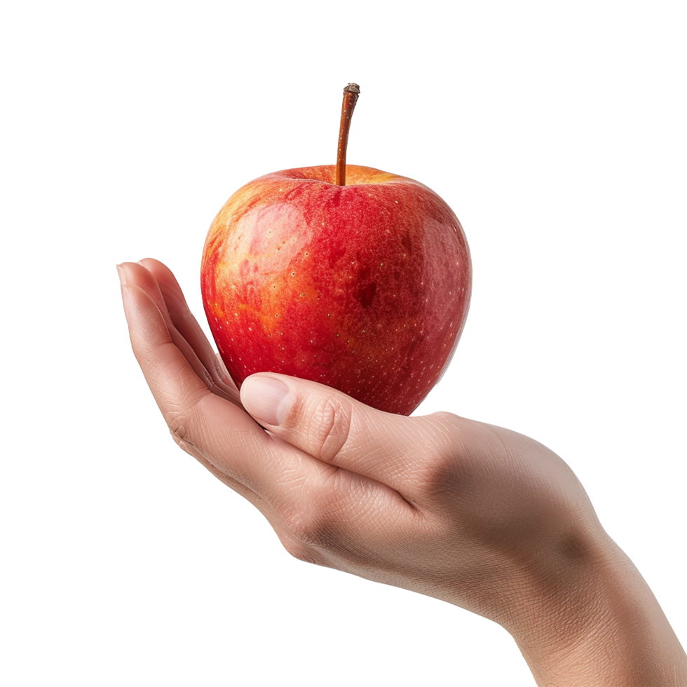 A single red apple held gently in a person's hand against a white background, showcasing the vibrant color and texture of the fruit png