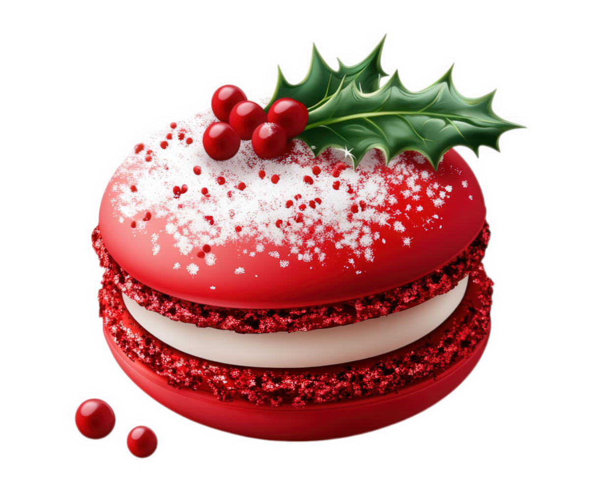 A red macaroon with a holly leaf on top png