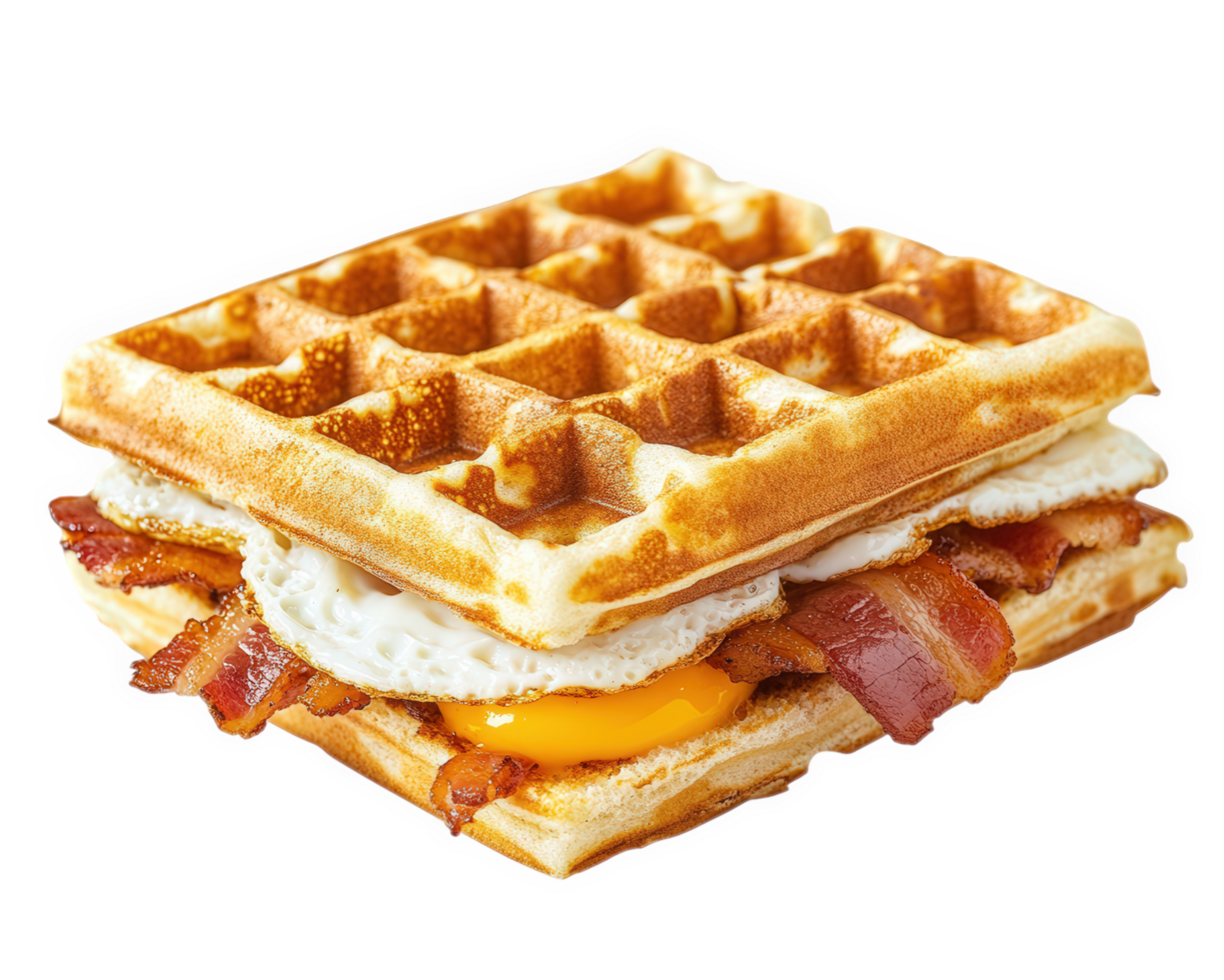 A waffle with bacon and eggs on it png