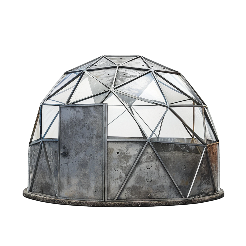 A weathered steel and glass geodesic dome structure with a metal door png