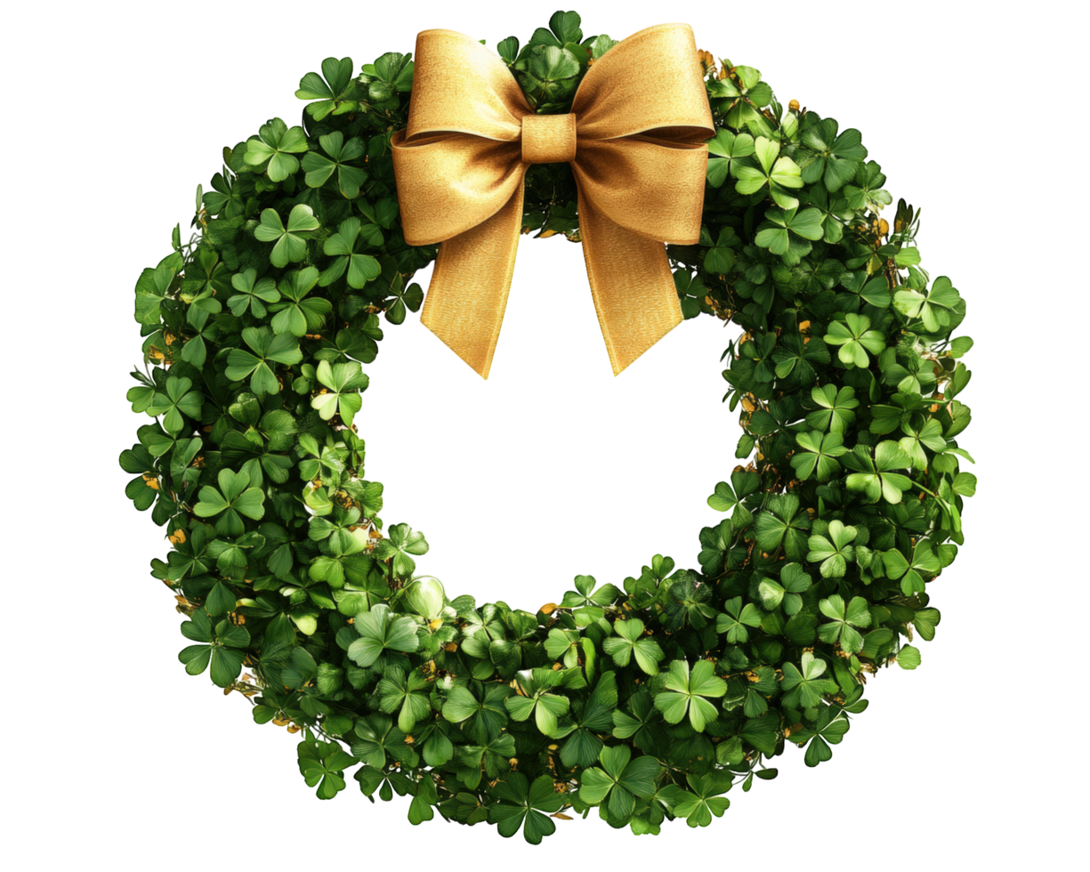 A wreath with shamrock leaves and a gold bow png