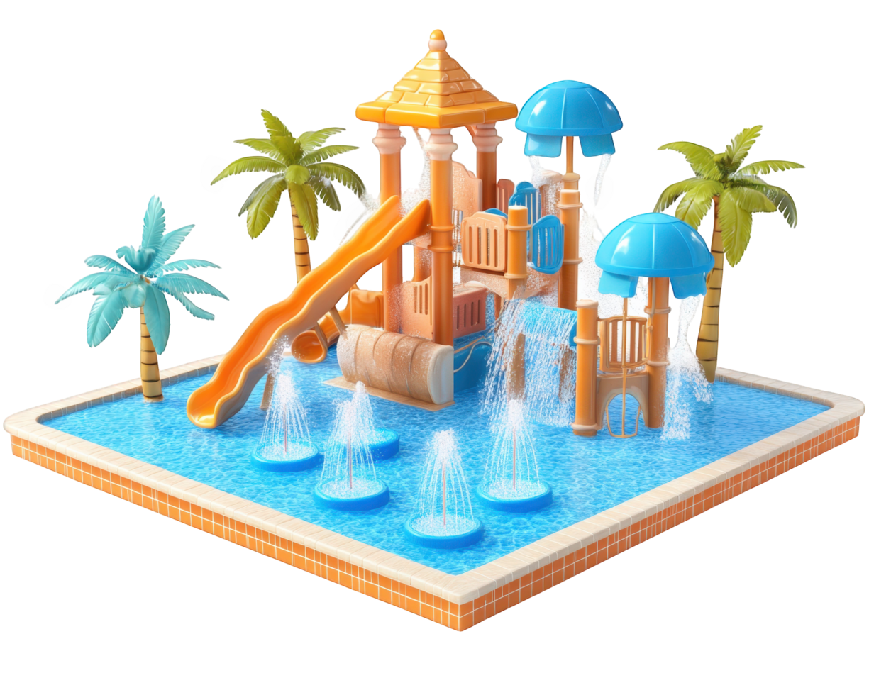 A water park with a slide and palm trees png