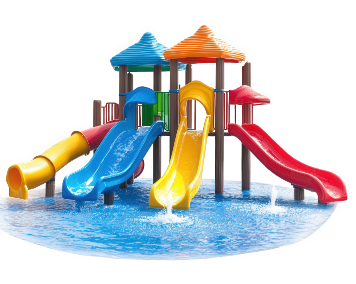 A colorful water slide and slide with a water fountain png