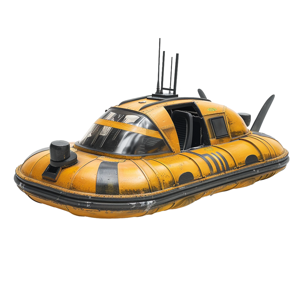 Detailed View of a Vintage Yellow and Black Hovercraft with Multiple Antennas png