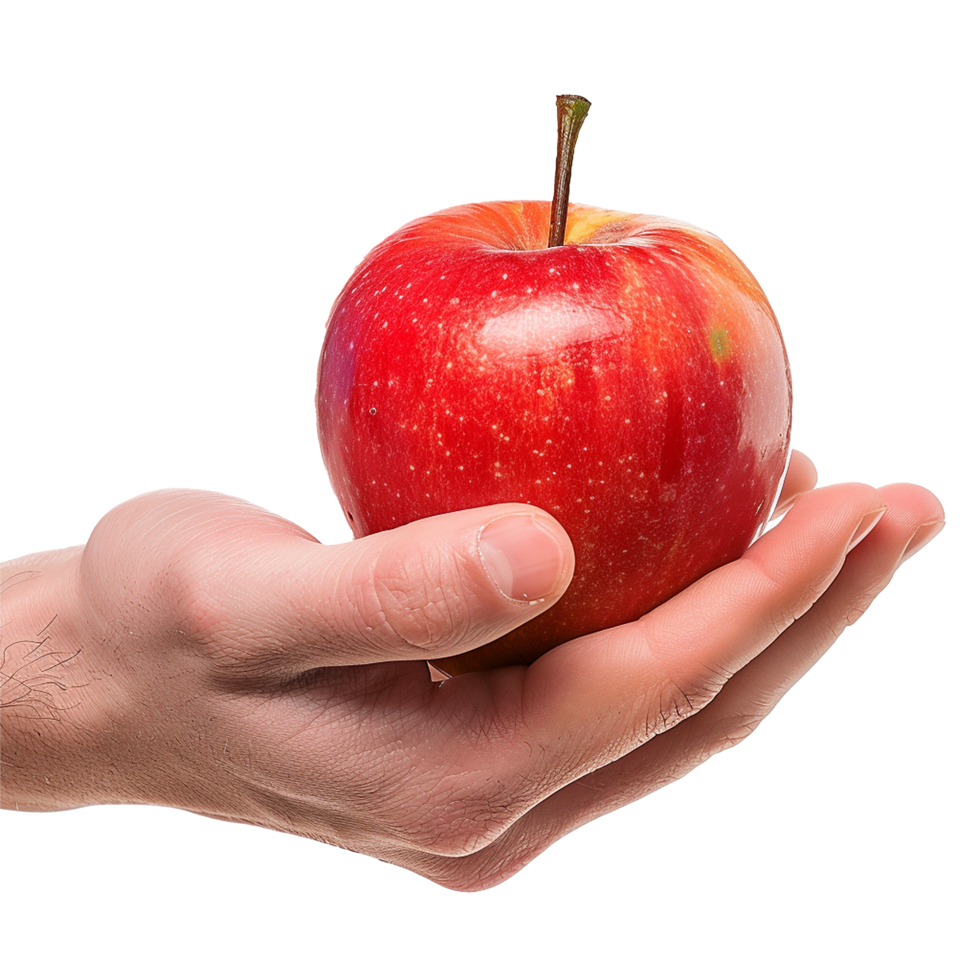 A perfectly ripe red apple held gently in a man's hand against a blurred background png