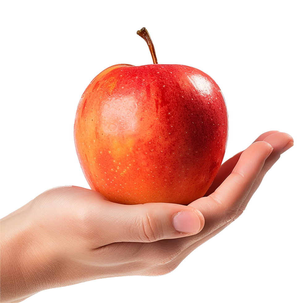 A Single Red Apple Held Gently in a Person's Hand, Highlighted Against a White Background png