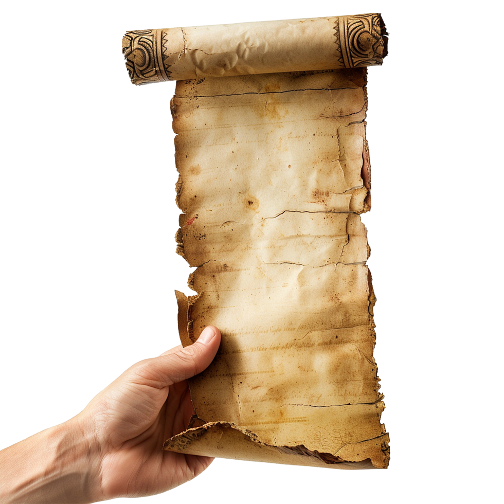 A hand holding ancient tattered and aged scroll of parchment paper png
