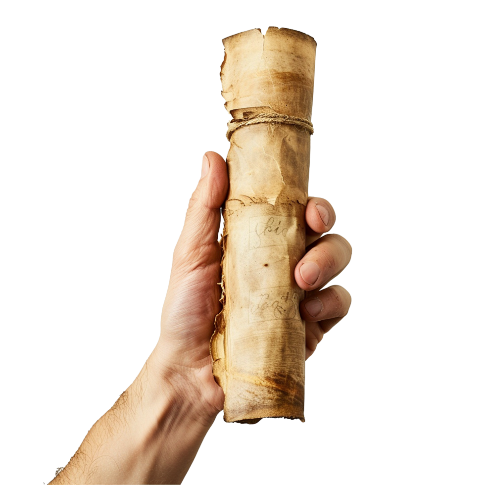 A hand holding an ancient and weathered rolled parchment scroll tied with twine png