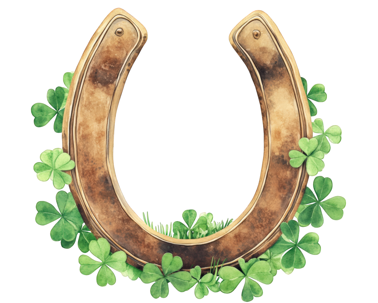 A horseshoe surrounded by clover leaves png