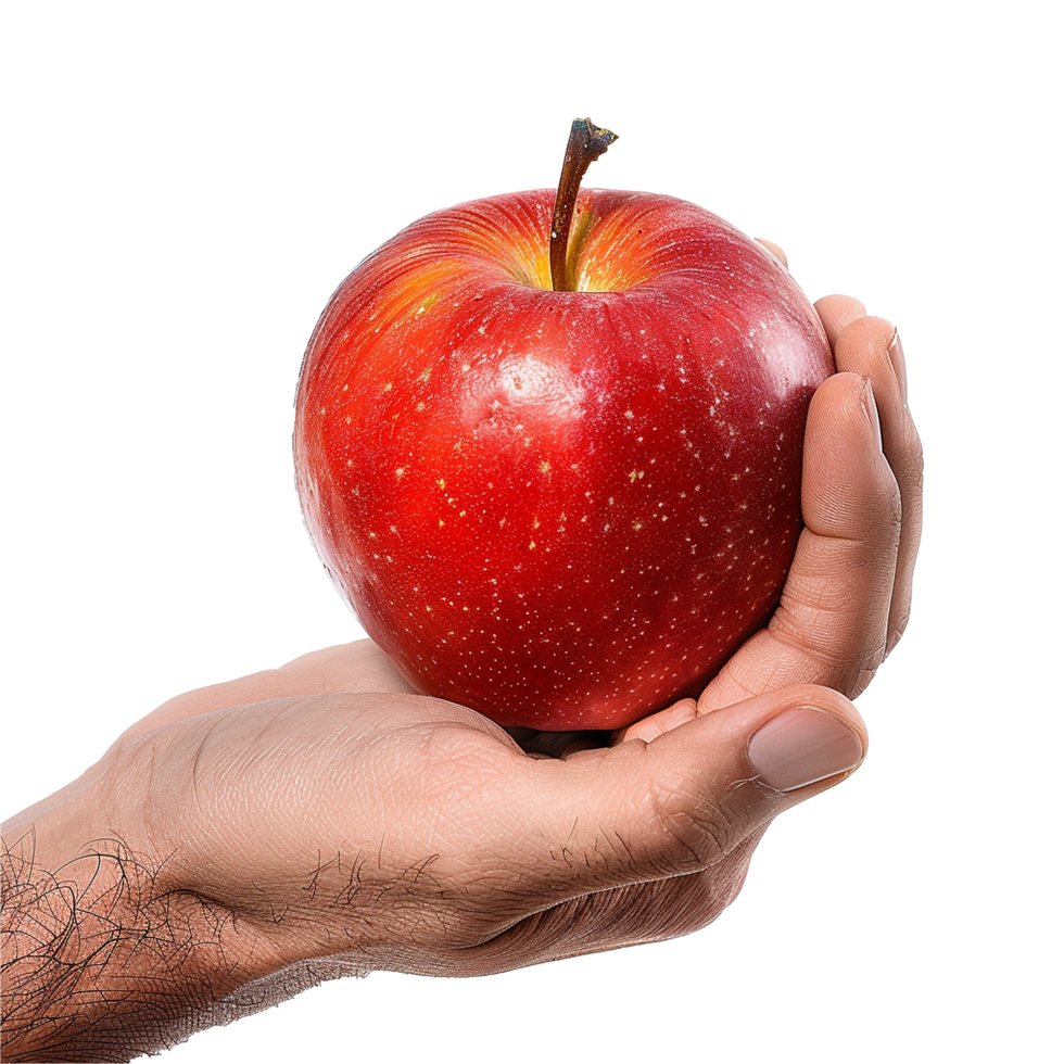 A hairy hand gently cradles a ripe red apple against a white background png