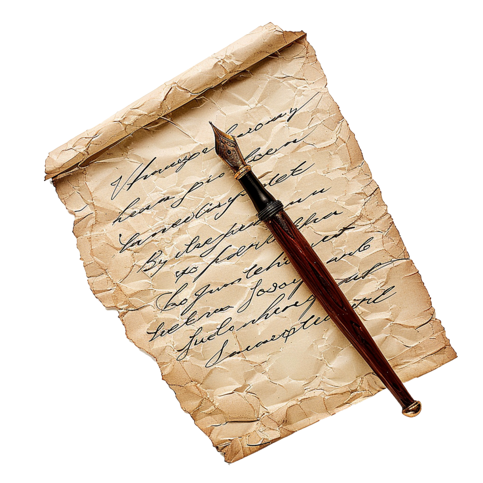 Aged Manuscript with Antique Fountain Pen A Glimpse into History's Written Legacy png