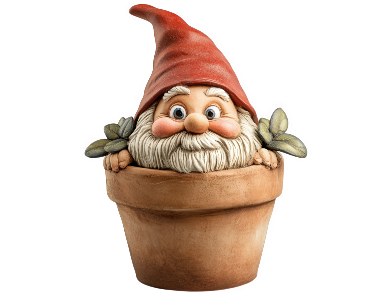 A garden gnome sitting in a pot with leaves png