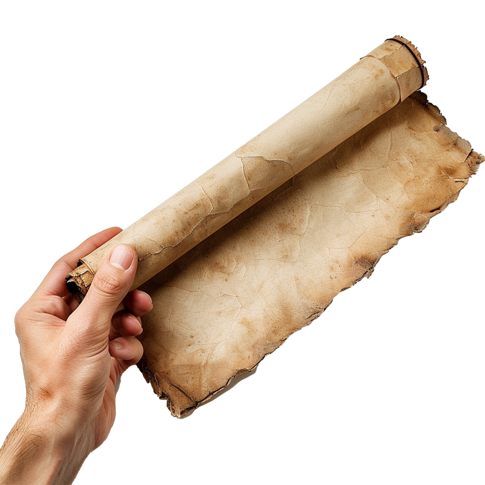 A hand holding an aged and weathered rolled parchment scroll png