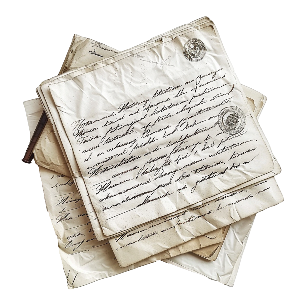 A Stack of Antique Letters and Envelopes with Handwritten Script and Postage Stamps png