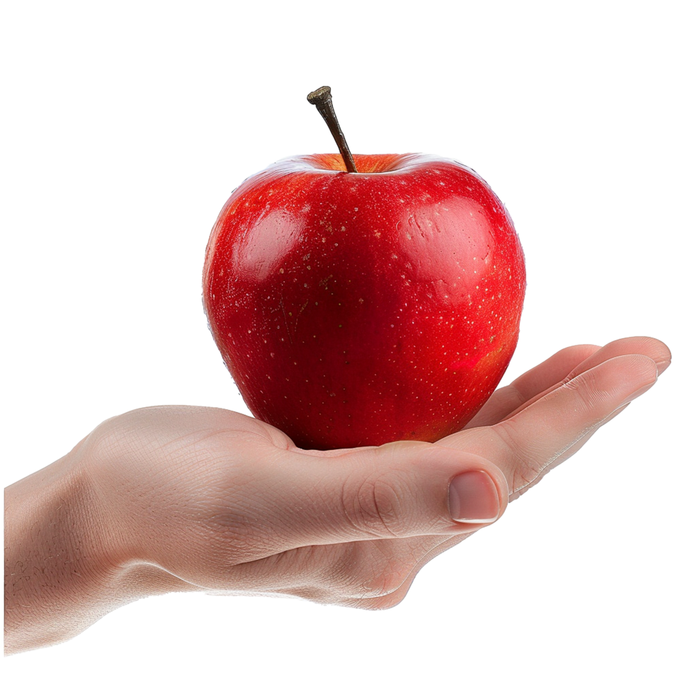 A Single Red Apple Held Gently in a Person's Hand Against a White Background png