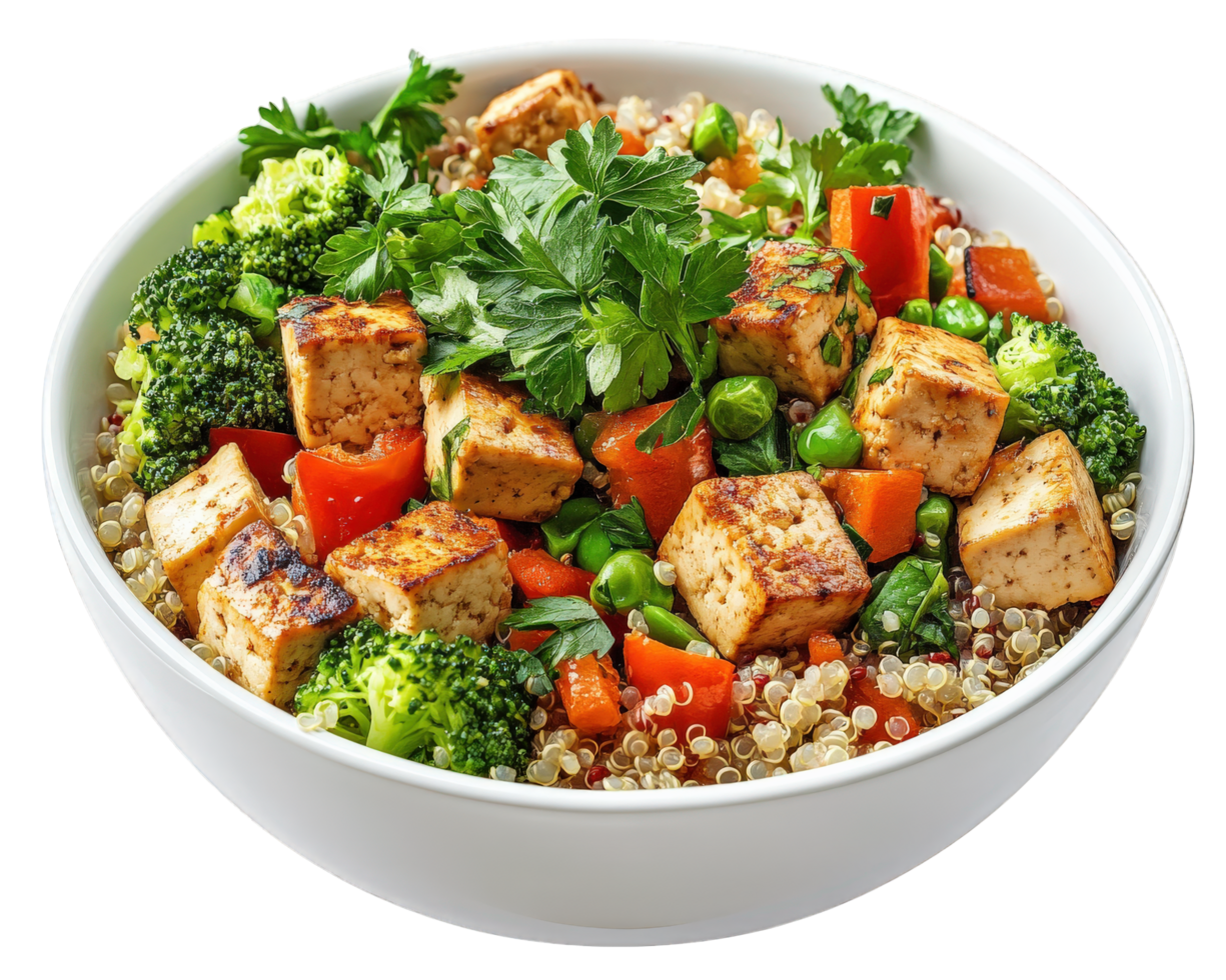 A bowl of food with tofu, broccoli, and carrots png