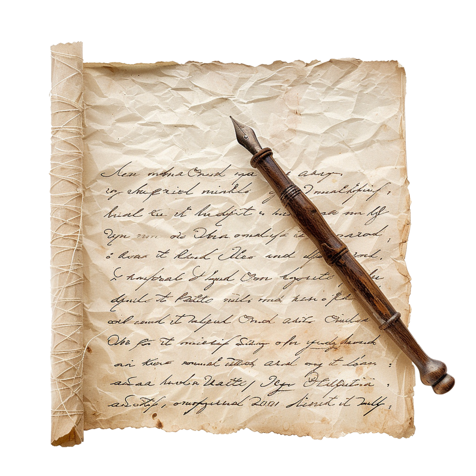Aged Rolled Parchment with Handwritten Text and Antique Quill Pen png