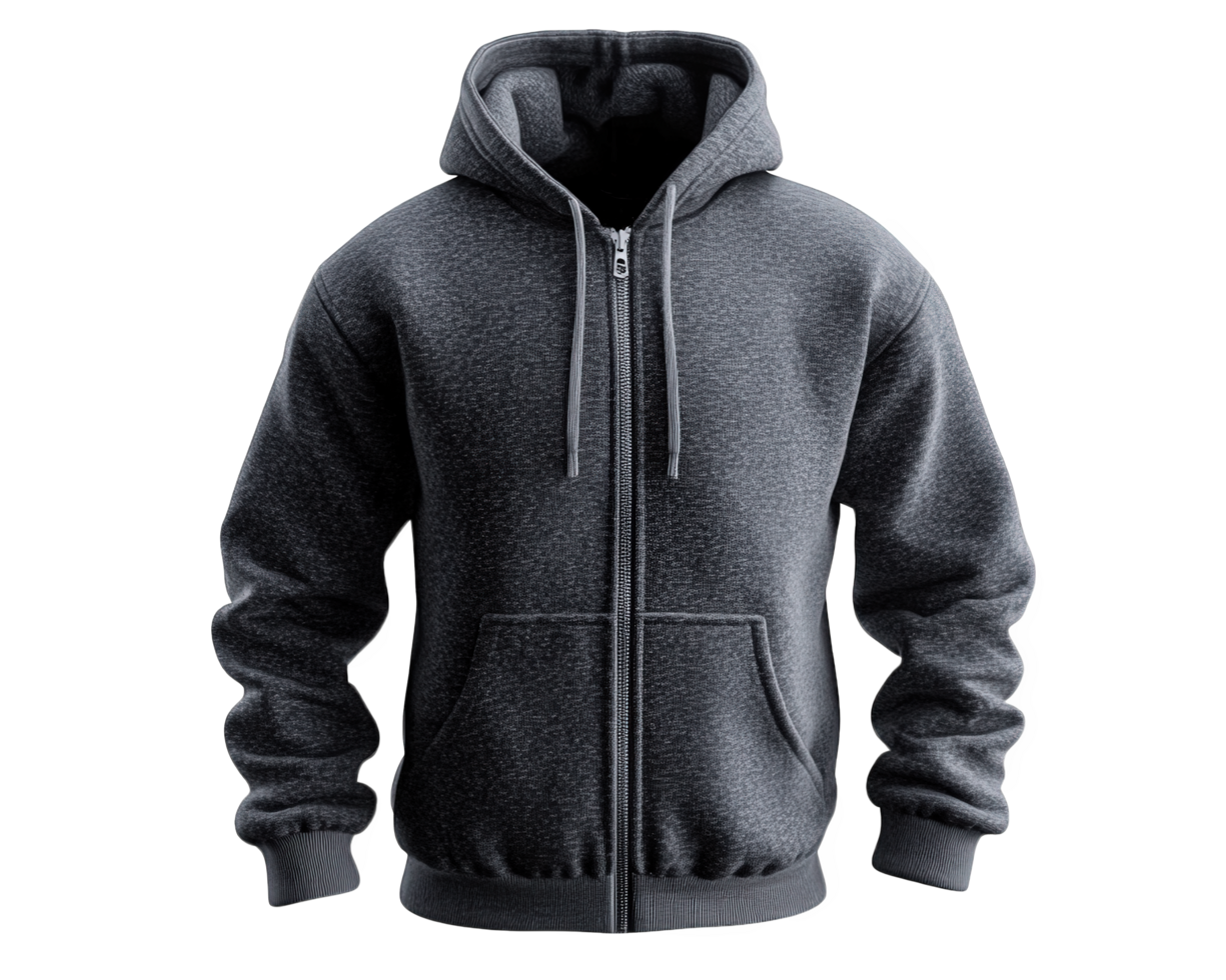 A dark gray hoodie with a zipper on the front png