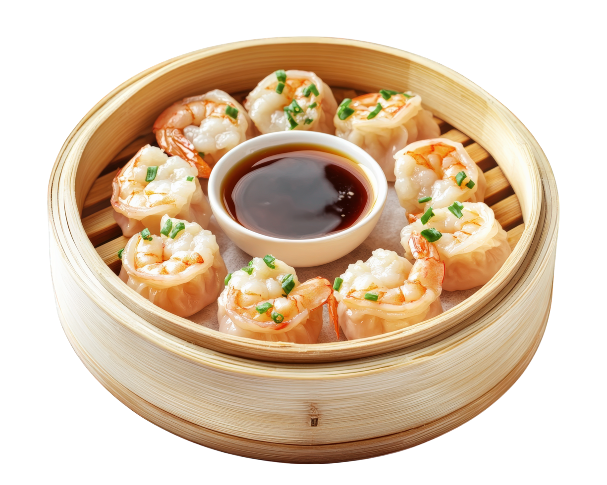 A bamboo container with shrimp and sauce png