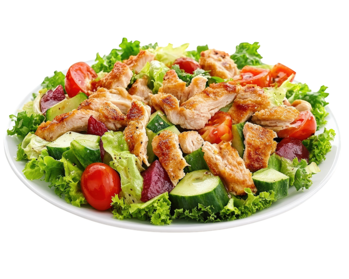 A salad with chicken, tomatoes and cucumbers png