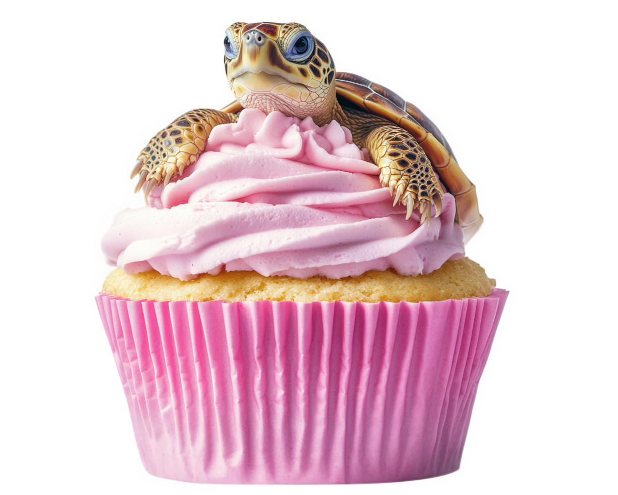 A turtle is sitting on top of a cupcake png
