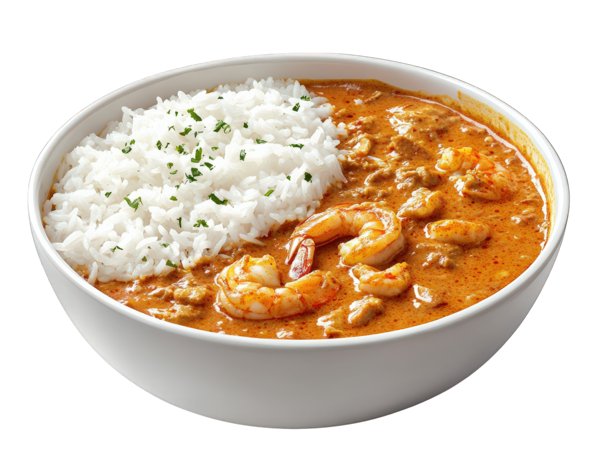 A bowl of curry with rice and shrimp in it png