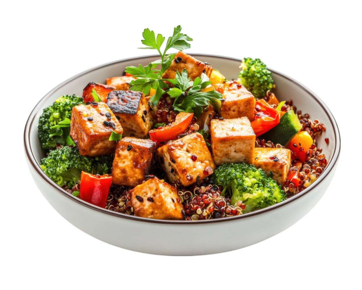 A bowl of tofu and vegetables with a garnish png
