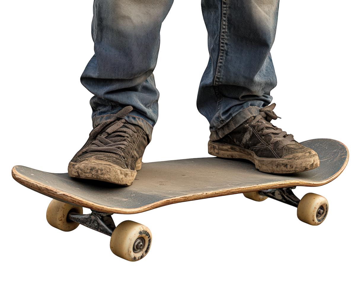 A person standing on a skateboard with their feet on the board png