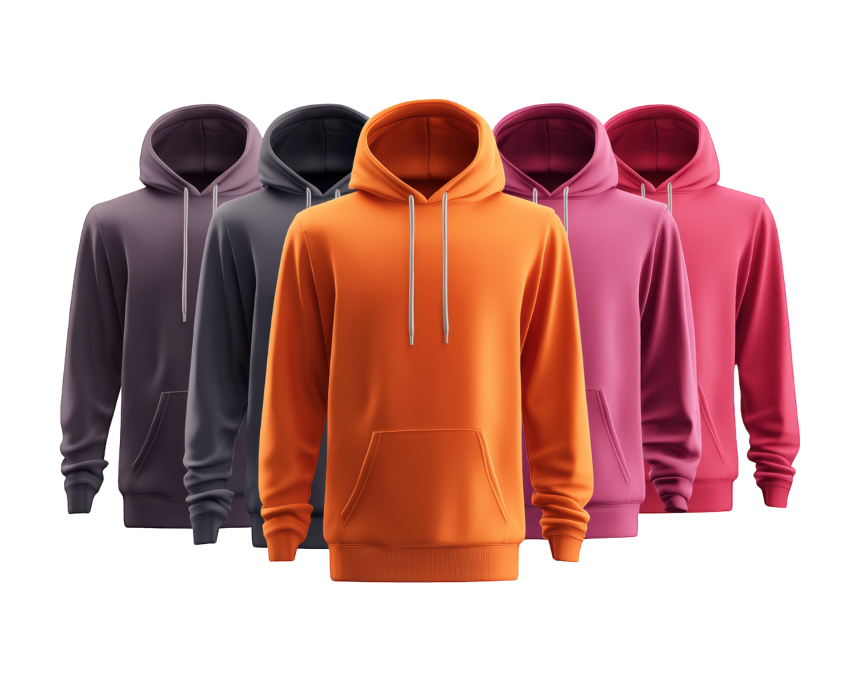 Six different colors of hoodies on a black background png