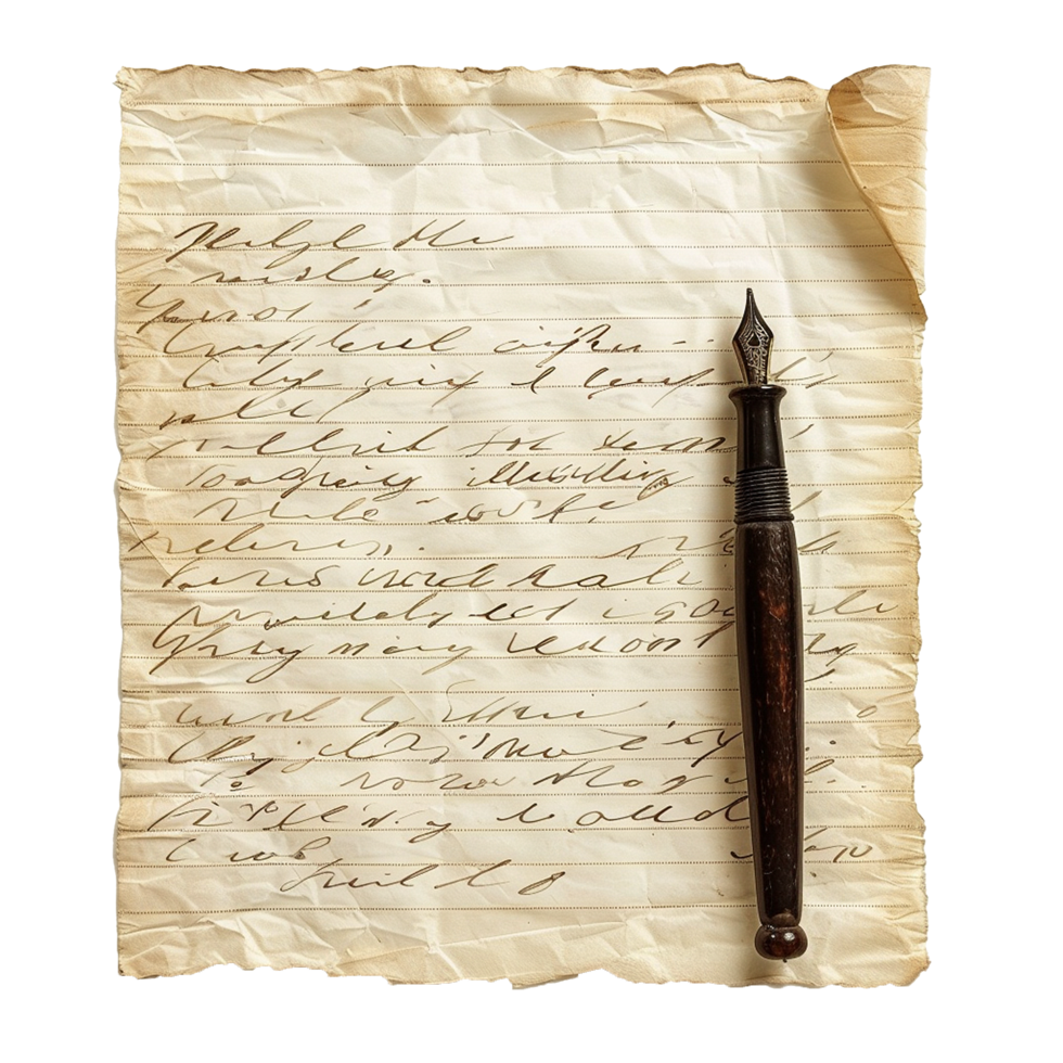 Aged Handwritten Letter with Antique Quill Pen on Wrinkled Paper png