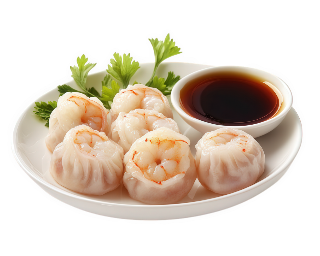 A plate with shrimp dumplings and sauce png