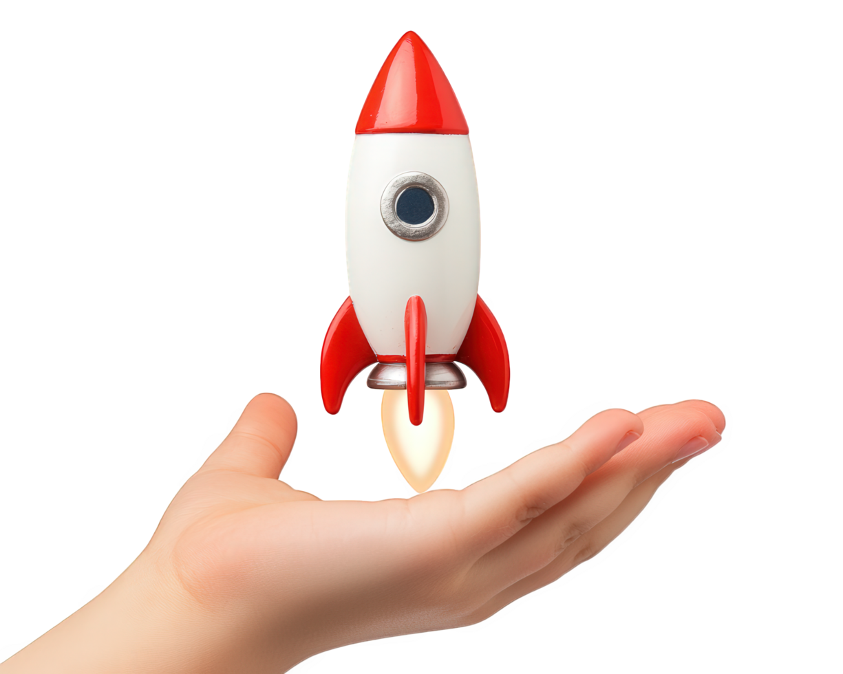 A hand holding a small red and white rocket ship png