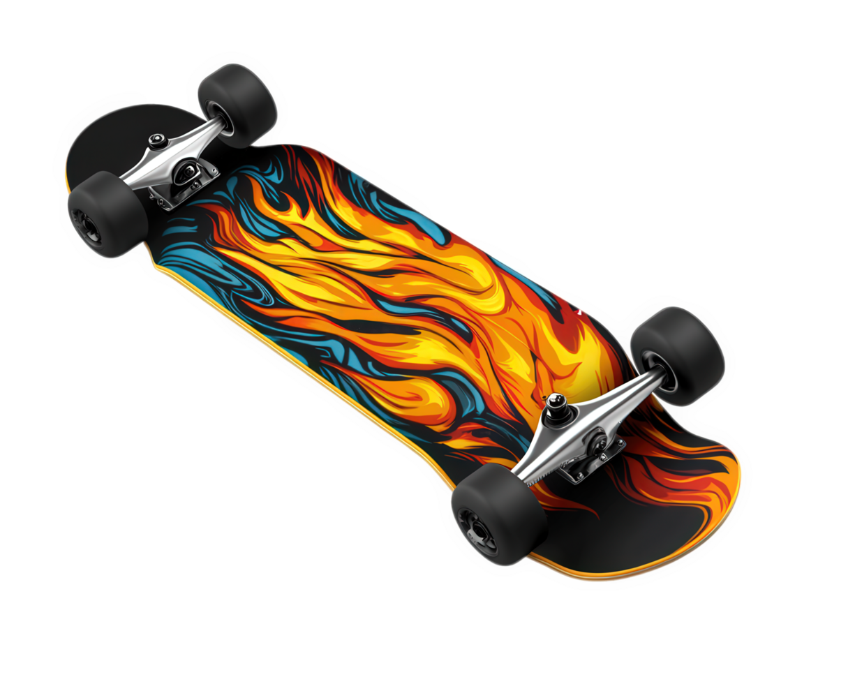 A skateboard with flames painted on it png