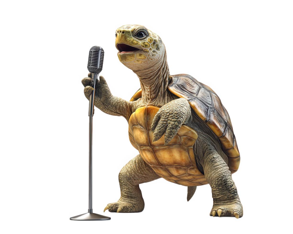 A turtle singing into a microphone png